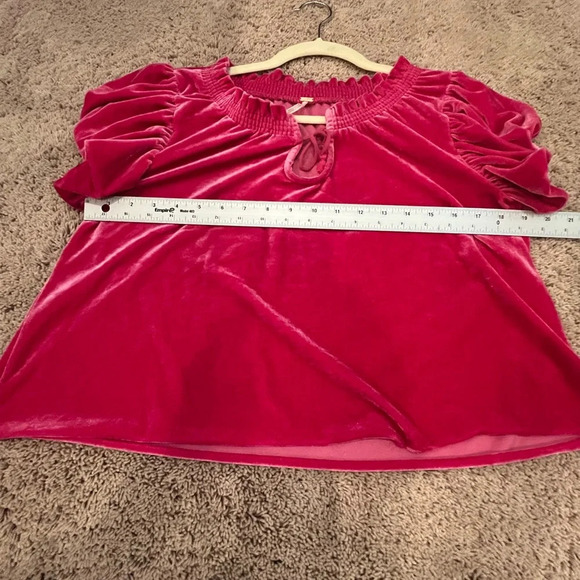 FREE PEOPLE Terese velvet puff sleeve top SMALL shirt sleeves bright pink blouse - Picture 7 of 16